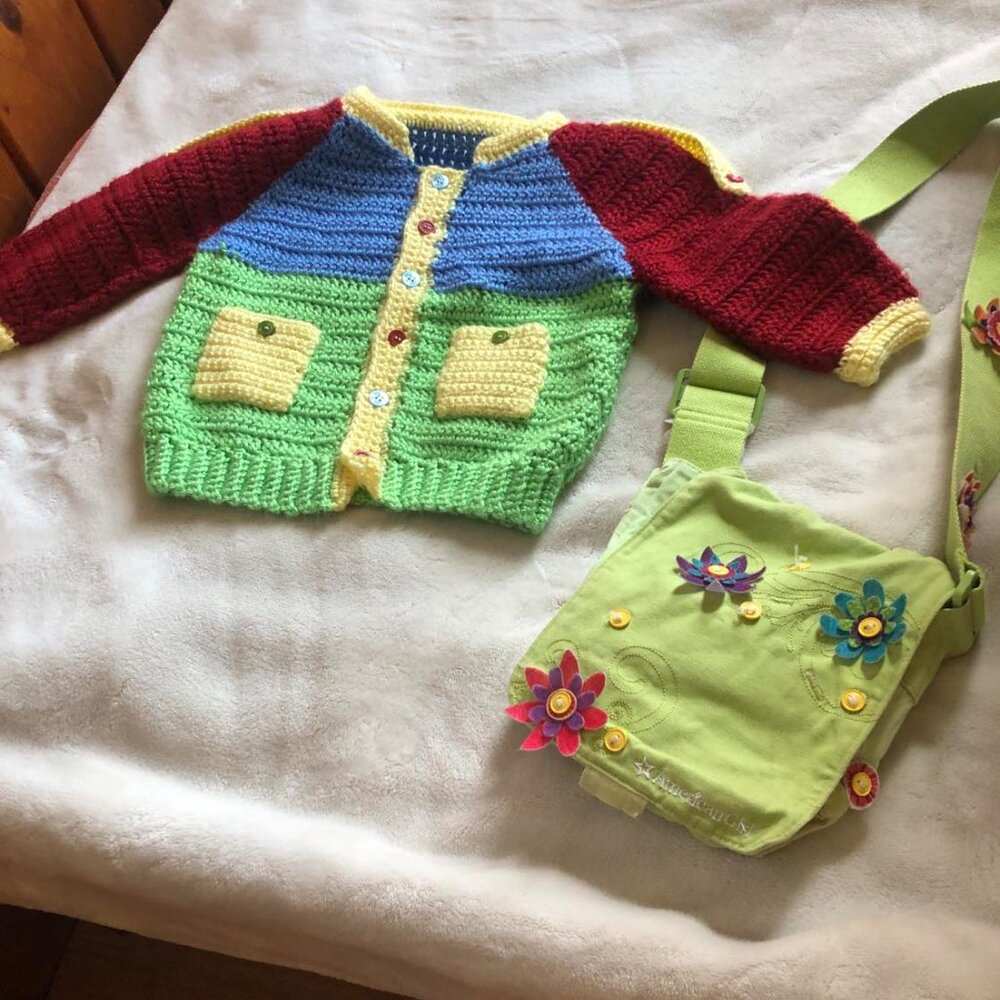 Hand crocheted button down  sweater for child with American Girl Flowered purse